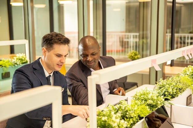 An investor meeting inside a modern vertical farm headquarters, showcasing the financial interest and business strategy behind the industry's growth.