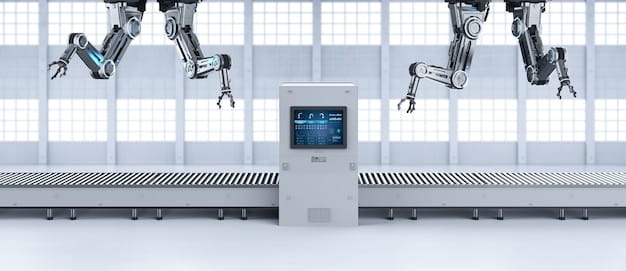 A high-tech factory floor with robotic arms performing tasks based on data processed at the edge. Workers monitor the operations on tablets, showing real-time adjustments and improvements driven by edge computing.