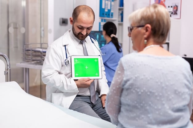A doctor using a tablet to monitor a patient's vital signs in real-time. The data is processed at the edge, allowing for immediate medical interventions. The scene highlights the speed and efficiency of edge computing in healthcare.
