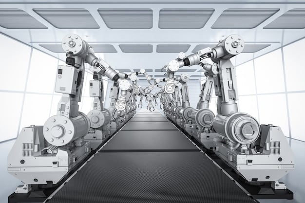 A futuristic smart factory with robots and automated systems seamlessly integrated. The image highlights the potential of 6G to enable real-time monitoring, predictive maintenance, and improved supply chain management in manufacturing.