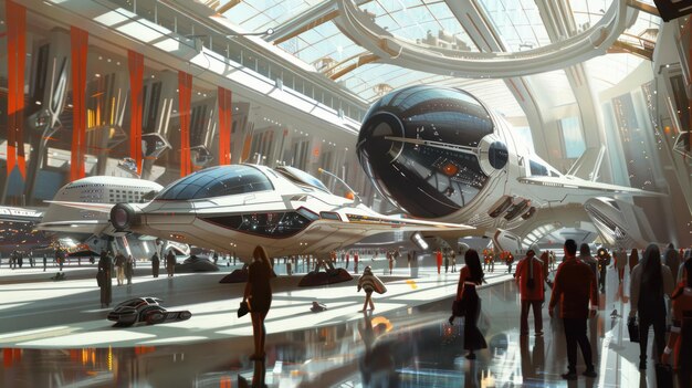 A rendering of a futuristic spaceport with various commercial spacecraft taking off and landing, surrounded by modern infrastructure and people, illustrating the potential of a thriving space tourism industry.