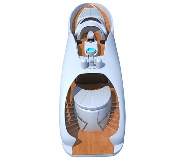 A cutaway diagram of a futuristic spacecraft interior, showcasing comfortable passenger seating, large panoramic windows offering views of space, and advanced life support systems.