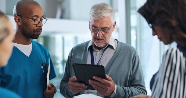 A diverse group of patients interacting with healthcare professionals in a modern, technologically advanced clinic. Each professional is holding a tablet displaying personalized patient data.