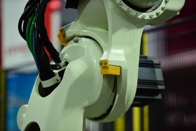 A close-up of a robotic arm performing a precision task on a manufacturing assembly line. The arm is highly articulated and equipped with advanced sensors.