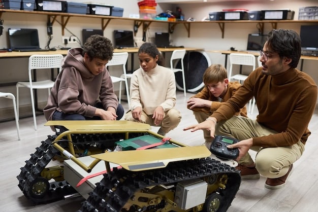 A photo of a diverse group of American workers participating in a hands-on training session on robotics in a modern, well-equipped facility. The atmosphere is collaborative and engaging.