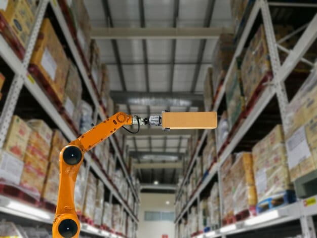 A close-up shot of a robotic arm in a warehouse, efficiently picking and placing items into boxes. The lighting emphasizes the precision and speed of the robotic operation, with blurred background elements suggesting a busy, automated warehouse environment.