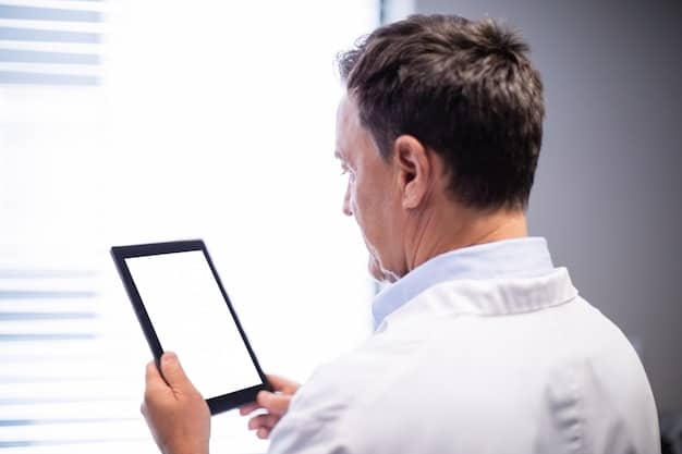 A doctor using a tablet to review patient data, with an AI-powered diagnostic tool running in the background.