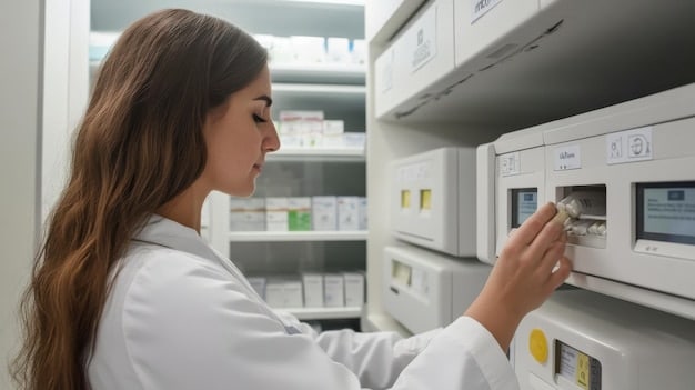 A pharmacist overseeing an automated medication dispensing system in a hospital pharmacy.