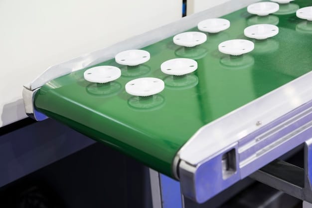 A close-up of an AI-powered quality control system inspecting manufactured parts on a conveyor belt. The system uses cameras and sensors to identify defects in real-time, displaying the analysis on a nearby monitor.