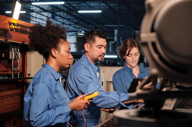 A group of manufacturing workers attending a training session on how to operate and maintain robotic systems. The scene shows a modern classroom with workers actively participating and learning from an instructor.