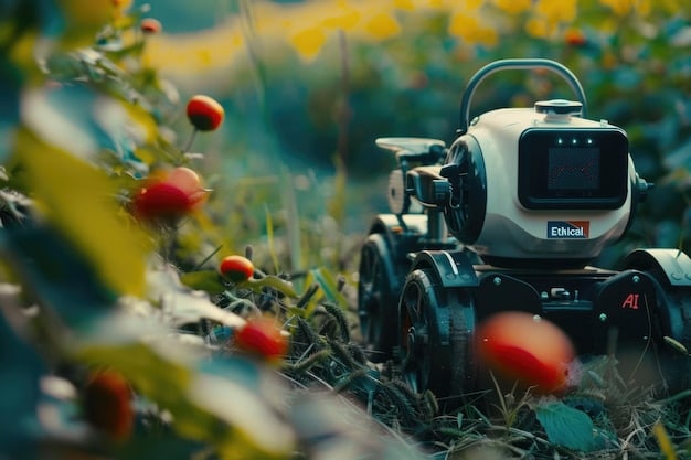 A close-up image of a robotic harvester carefully picking fruits or vegetables in a field. The robot should look modern and efficient, showcasing its ability to navigate through the plants without causing damage.