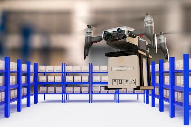 A close-up of an autonomous mobile robot (AMR) navigating a warehouse aisle. The AMR is equipped with sensors and cameras, and it is carrying a small load of packages. The background is blurred, but it is clear that the warehouse is busy and well-organized.