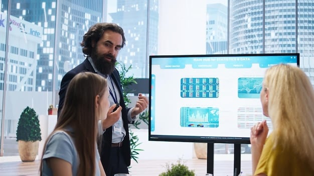 A team of employees collaborating around a large display screen visualizing automated processes and key performance indicators (KPIs). The team looks engaged and focused on improving efficiency and outcomes.