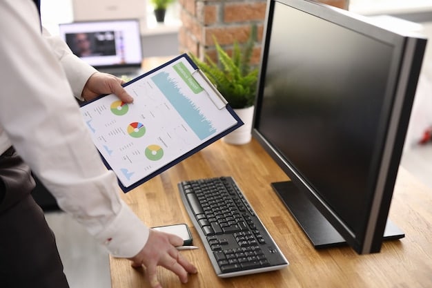 A dashboard display showing real-time analytics of automated tasks within an office environment. The dashboard features graphs illustrating productivity gains, error reduction, and time saved through automation. Employees are seen observing the dashboard with expressions of satisfaction and engagement.