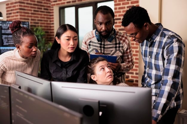 Photo of a diverse team of IT professionals collaborating around a large screen displaying a cloud automation dashboard. The environment is a modern, bright office, emphasizing teamwork and technological advancement.
