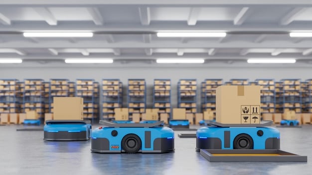 A warehouse scene with autonomous robots sorting and moving packages. Barcodes are visible on the boxes, and the overall atmosphere is organized and efficient.