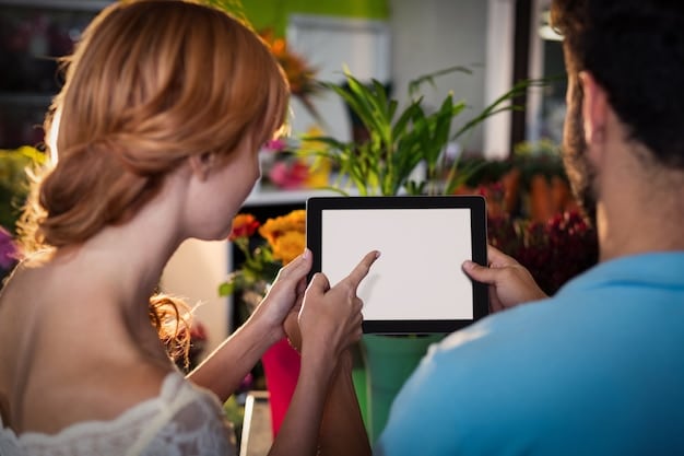 A customer interacting with a friendly chatbot on a digital screen in a retail setting. The chatbot is offering personalized shopping advice.