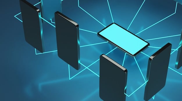 A visual representation of network security, showing interconnected computers, tablets, and smartphones protected by a firewall with a bright, secure lock in the center. The image represents data privacy and cybersecurity.