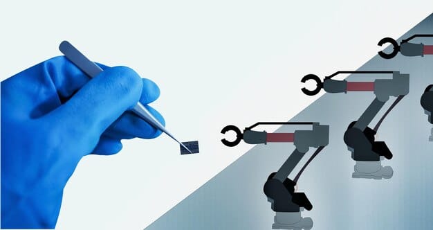 A modern graphic depicting robotic arms performing various tasks on a conveyor belt, symbolizing efficiency and automation. The image symbolizes streamlined processes and advanced technologies.