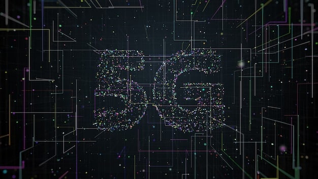 A close-up of a circuit board with glowing 5G symbols integrated into the design, representing the underlying technology and infrastructure of the 5G network. The focus is on the intricacy and complexity of the components.