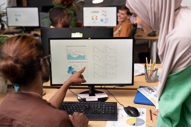 A diverse team of professionals collaborating in a modern office, analyzing charts and graphs on a large interactive display, representing data-driven decision-making in a US business setting.