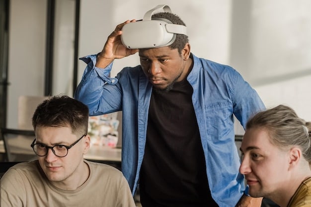 A close-up shot of an employee participating in a virtual reality training session, focusing on the VR headset and the employee's focused expression.