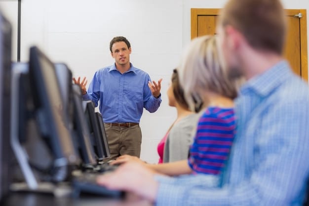 A trainer guiding a small group of employees through a software tutorial on a large interactive display. The employees are actively engaged, asking questions and taking notes.