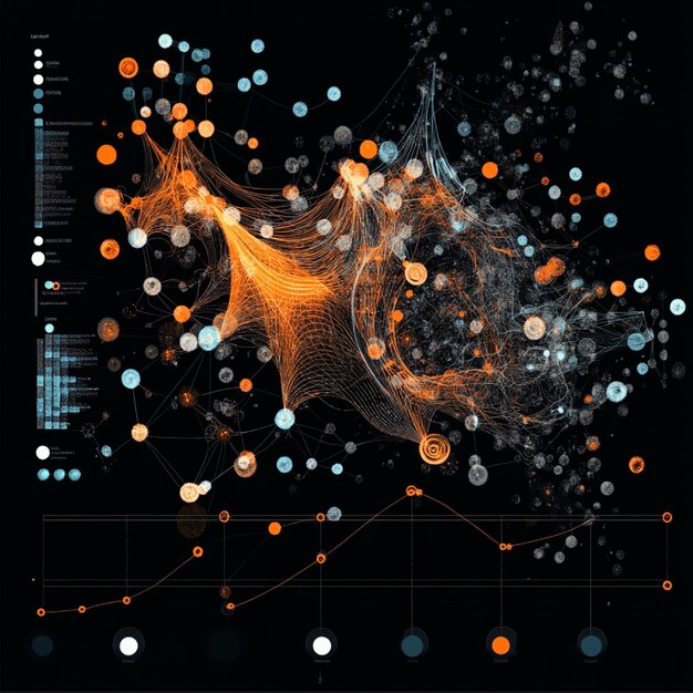 A graphical representation of an AI algorithm analyzing marketing data, with lines connecting different data points and highlighting patterns, showcasing the analytical power of AI in advertising.