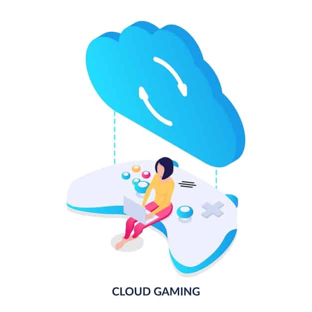 A diagram illustrating the cloud gaming process: a gamer using a tablet connects wirelessly to a cloud server, which streams the game back to the tablet. Arrows indicate the flow of data (game video to the tablet, player input back to the server).