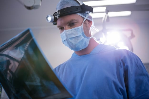 A surgeon wearing AR glasses during surgery, with holographic images of medical data and patient scans overlaid on the surgical area, enhancing precision and providing real-time information.