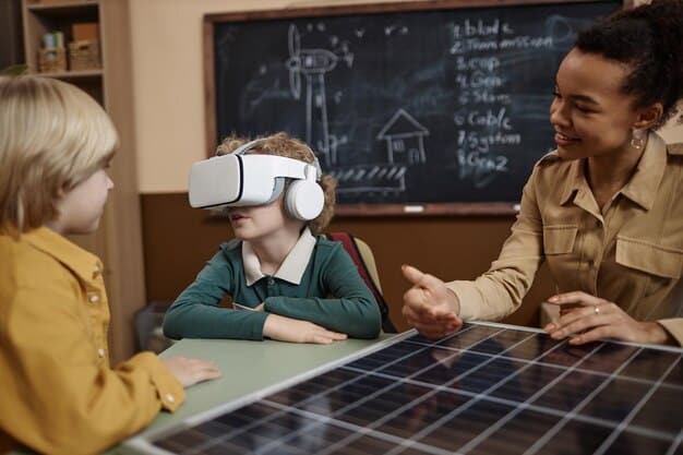 A classroom scene with students using AR glasses to interact with a 3D model of the solar system, enhancing their understanding of astronomy through immersive visualization.