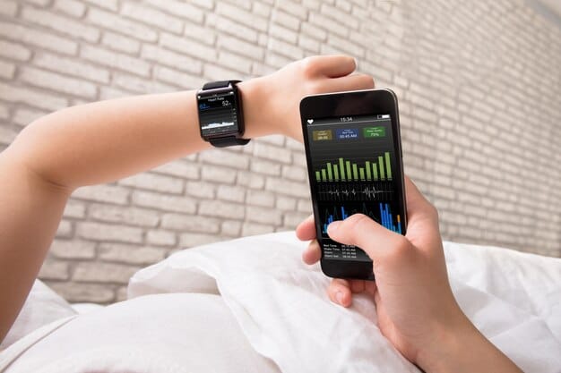 A smartwatch displaying a detailed sleep analysis chart, showing different sleep stages (deep sleep, REM sleep, light sleep) and sleep duration. The background is a dimly lit bedroom, creating a calming atmosphere.