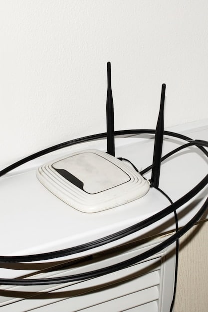 A close-up shot of a 5G home internet receiver device, sleek and modern in design, placed on a windowsill inside a home. The device is emitting a subtle blue light, indicating an active and strong 5G signal. The background shows a blurred view of a garden, suggesting a residential setting.