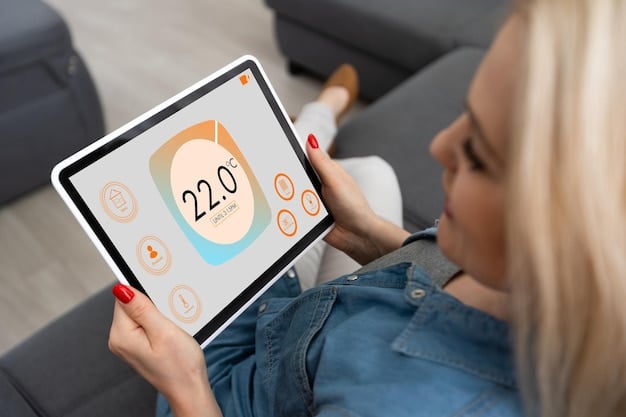 A close-up of a smart thermostat's display screen showing detailed energy usage reports and historical temperature data. The interface is clean and user-friendly, with graphs showcasing daily and monthly energy consumption. The screen also displays a notification about potential energy-saving adjustments.