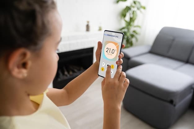 A smartphone screen displaying a user interface of a smart thermostat app. The app shows a detailed temperature schedule for the week, with different settings for daytime, nighttime, and away periods. There are also options to view energy reports and adjust preferences such as geofencing and temperature alerts.
