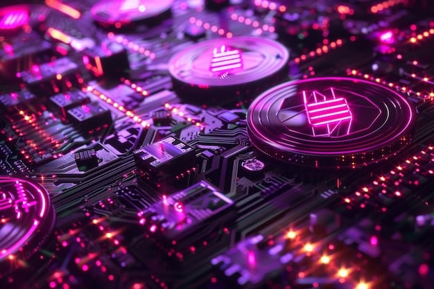 A conceptual image showing a blockchain network with the words 