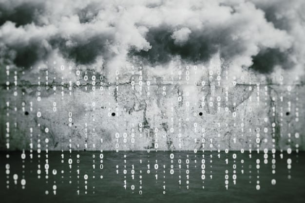 A visual representation of a storm cloud over a newspaper, with binary code falling like rain, symbolizing the volatile and uncertain nature of investing in news tokens and the regulatory challenges.