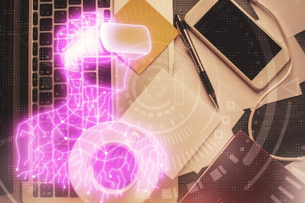 An abstract graphic illustrating a journalist using a laptop with a blockchain interface. The interface shows copyright symbols and licensing options, highlighting the ease of managing copyright through blockchain technology.