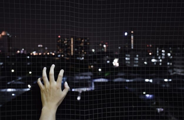 A hand reaching out to touch a glowing blockchain network display, symbolizing trust and transparency. The background should be a dark, futuristic cityscape.