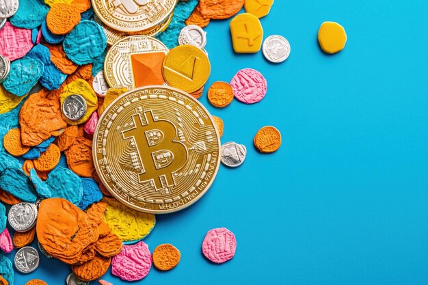 A digital collage featuring various cryptocurrency logos with the words 