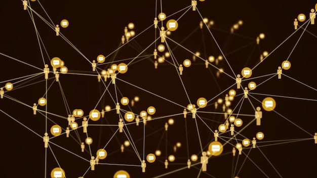 A visual representation of a blockchain network, with nodes representing journalists, fact-checkers, and readers. Each node is connected, and data flows securely between them, ensuring transparency and verifiability.