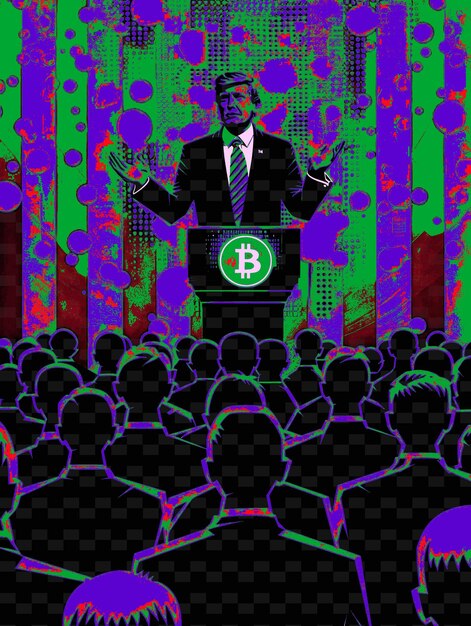 A digital illustration showing a journalist holding a microphone, with blockchain symbols overlaid, representing the integration of blockchain technology in news reporting. The background includes iconic US landmarks.