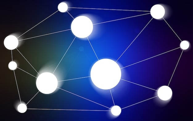 A graphical representation of a blockchain network with interconnected nodes, each node displaying snippets of news articles and user profiles. The image should highlight the decentralized and transparent nature of tokenized news platforms.