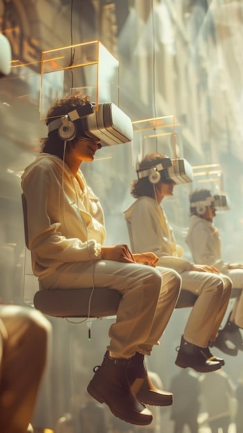A user wearing a VR headset, experiencing a digitally reconstructed historical event. The visuals are immersive, and the user is interacting with the environment using hand gestures. A news ticker floats in the corner of the screen, providing real-time updates.