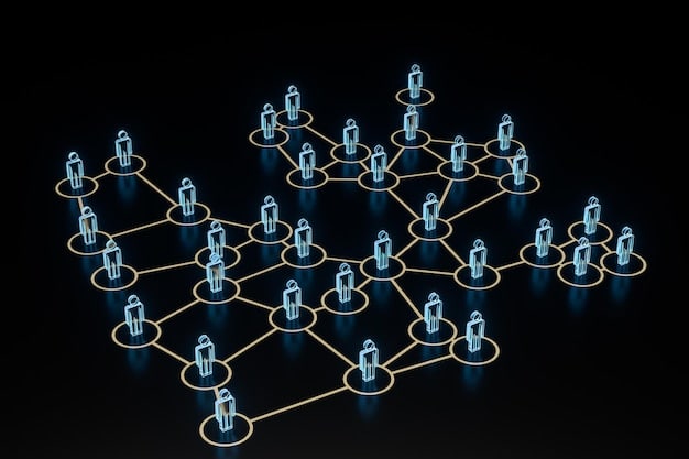 A digital representation of a blockchain network with interconnected nodes, each displaying user profiles and their associated reputation scores based on their content contributions and verifications within the news platform.