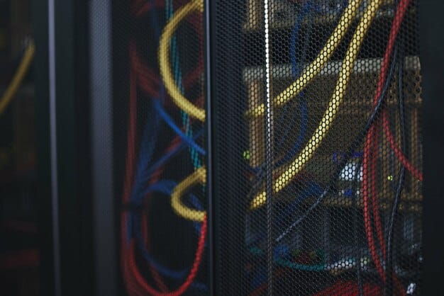 A close-up of a server room with glowing cables representing data flowing through the network, transitioning into a visual representation of blockchain nodes ensuring the security and immutability of archived news data.