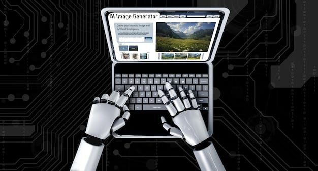 A robot typing on a keyboard with news articles displayed on multiple screens around it, symbolizing AI's role in generating news content.