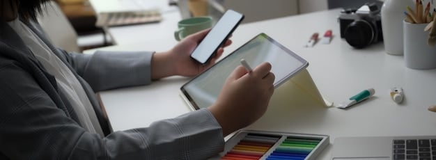 A person using a foldable phone in unfolded mode, split-screening two apps: a video conferencing app on one side and a document editing app on the other. The setting is a bright, modern workspace.