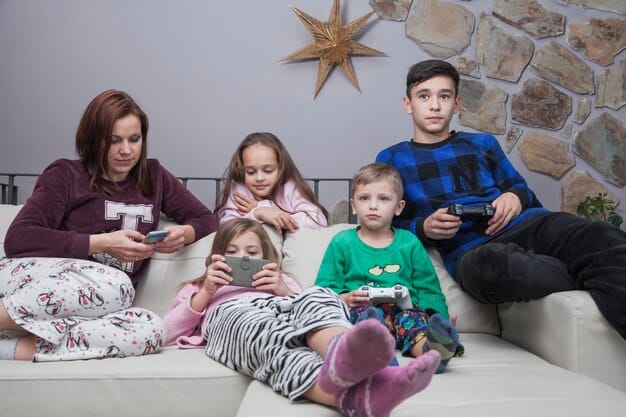 A visually appealing image depicting a family enjoying various online activities, such as streaming movies, playing video games, and video conferencing, all supported by a Wi-Fi 7 network.