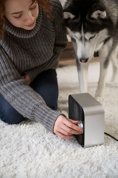 A close-up shot of a robot vacuum effectively picking up pet hair from a carpet. The image highlights the cleaning power and efficiency of the device.